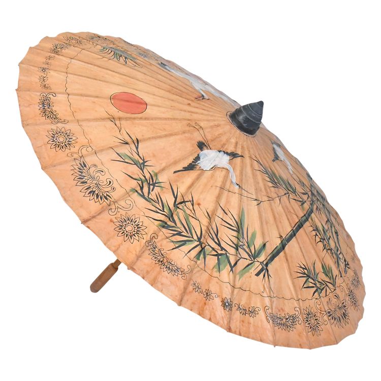 Ombrelle japonaise dit Wagasa vintage en bambou et papier de riz à décor peint de grue
