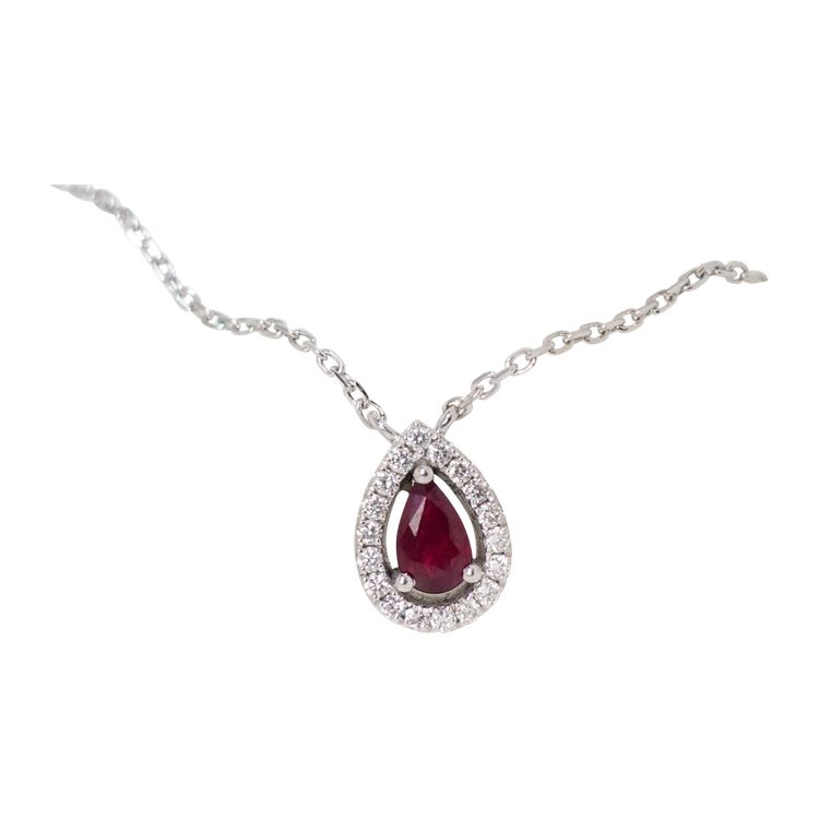 Collier pendentif en or blanc, diamants et Rubis en poire