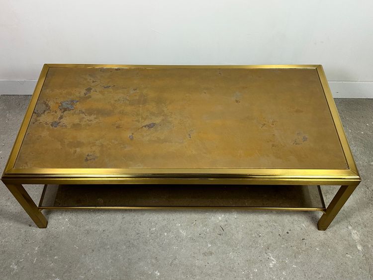 Table basse Hollywood regency en laiton et verre irisé vintage 70'S