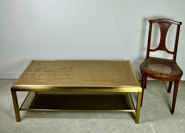 Table basse Hollywood regency en laiton et verre irisé vintage 70'S