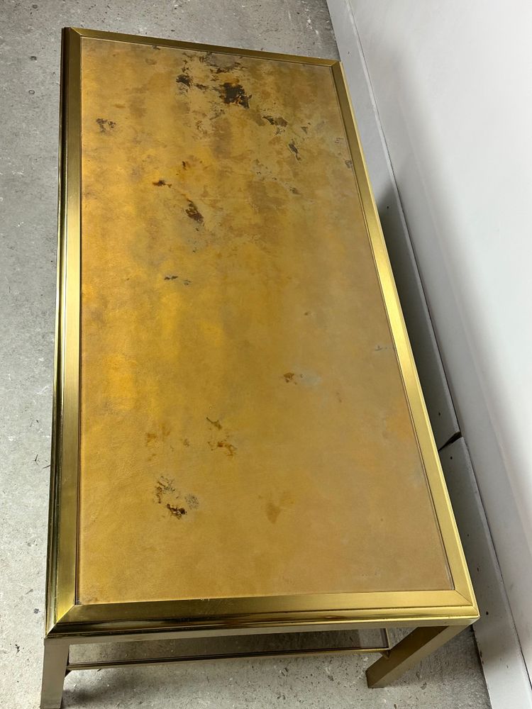 Table basse Hollywood regency en laiton et verre irisé vintage 70'S