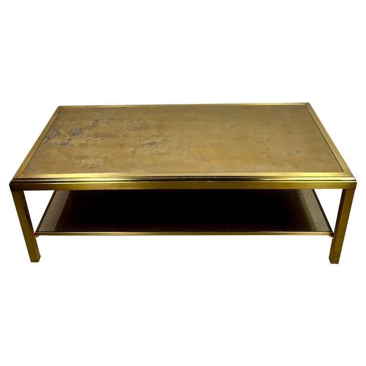 Table basse Hollywood regency en laiton et verre irisé vintage 70'S