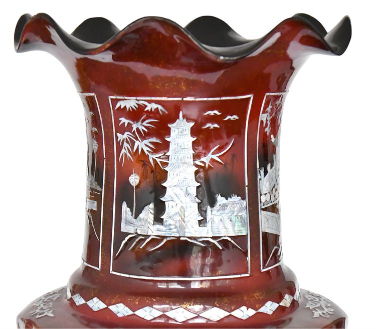 Important vase de Chine en carton bouilli, fibre et marqueterie de nacre
