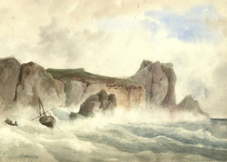 Jean-Baptiste ROMEGAS (1800-1867) Paysage marin , bateau Dessin original ancien