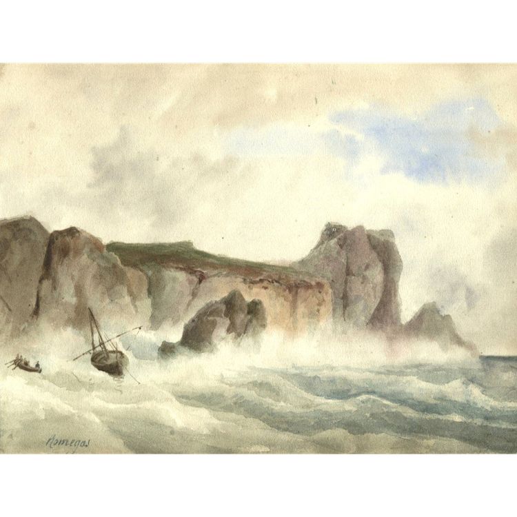 Jean-Baptiste ROMEGAS (1800-1867) Paysage marin , bateau Dessin original ancien
