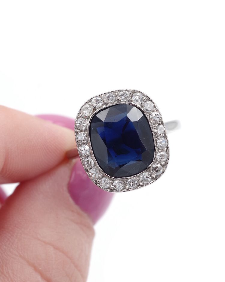 Bague Art Deco Saphir Diamants En Platine, Bague Ancienne, Bijou Art Deco