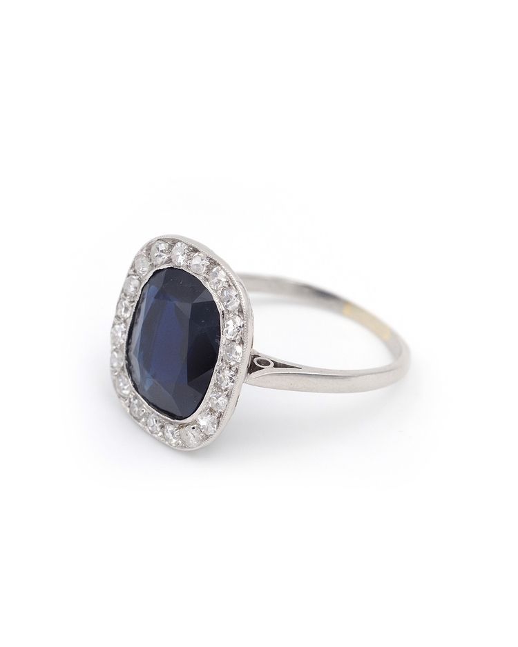 Bague Art Deco Saphir Diamants En Platine, Bague Ancienne, Bijou Art Deco