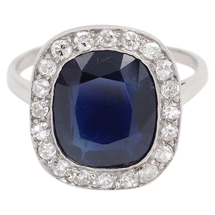 Bague Art Deco Saphir Diamants En Platine, Bague Ancienne, Bijou Art Deco