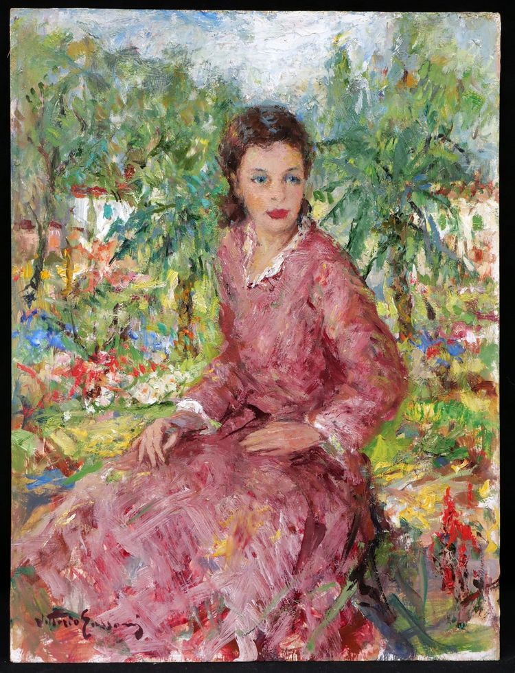 Vittorio GUSSONI, Donna in abito rosa in giardino