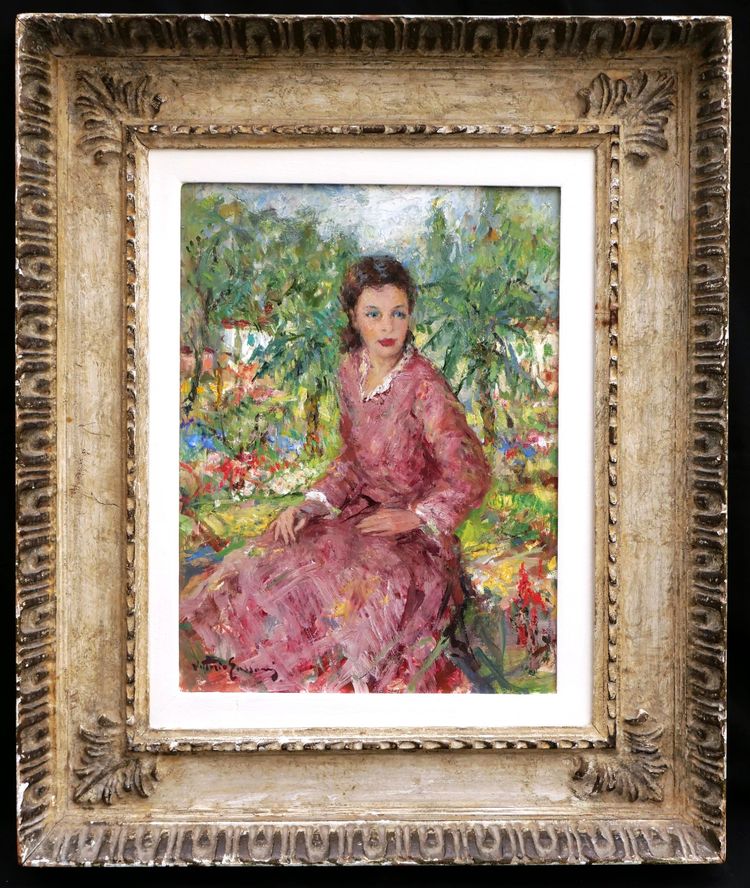 Vittorio GUSSONI, Donna in abito rosa in giardino
