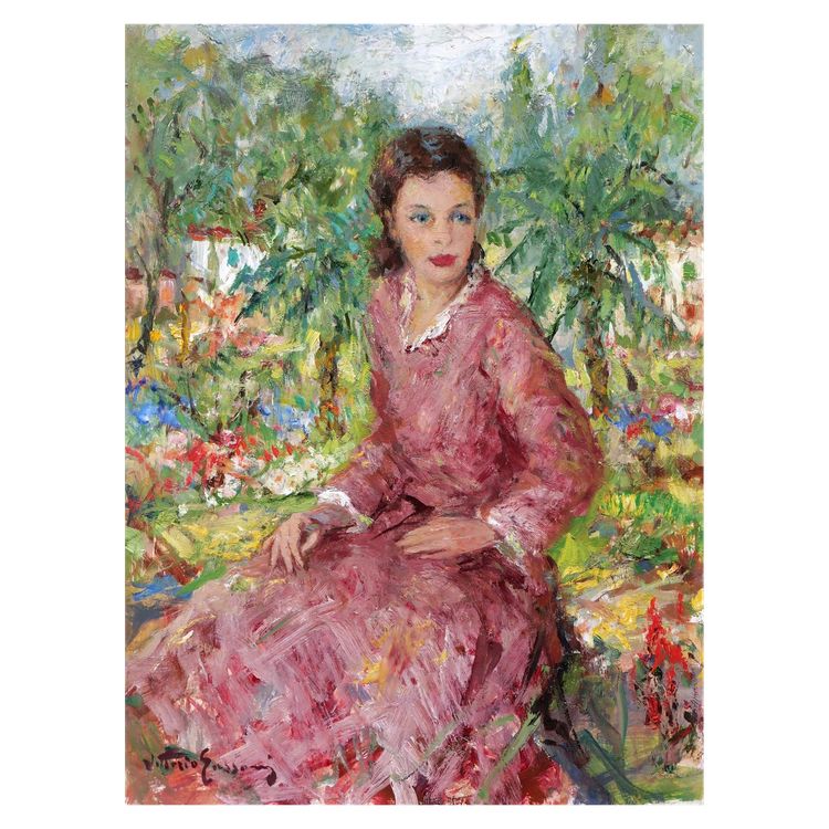 Vittorio GUSSONI, Donna in abito rosa in giardino