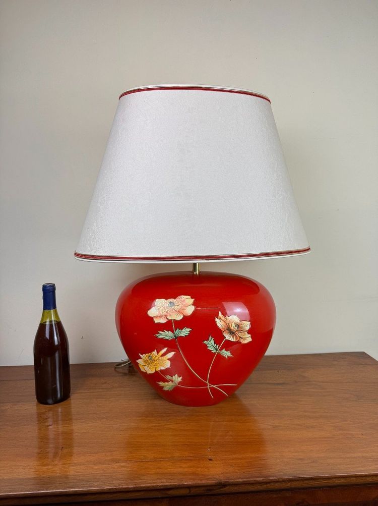 Very Large Vintage Ceramic Lamp with Flower Decor on a Red Background