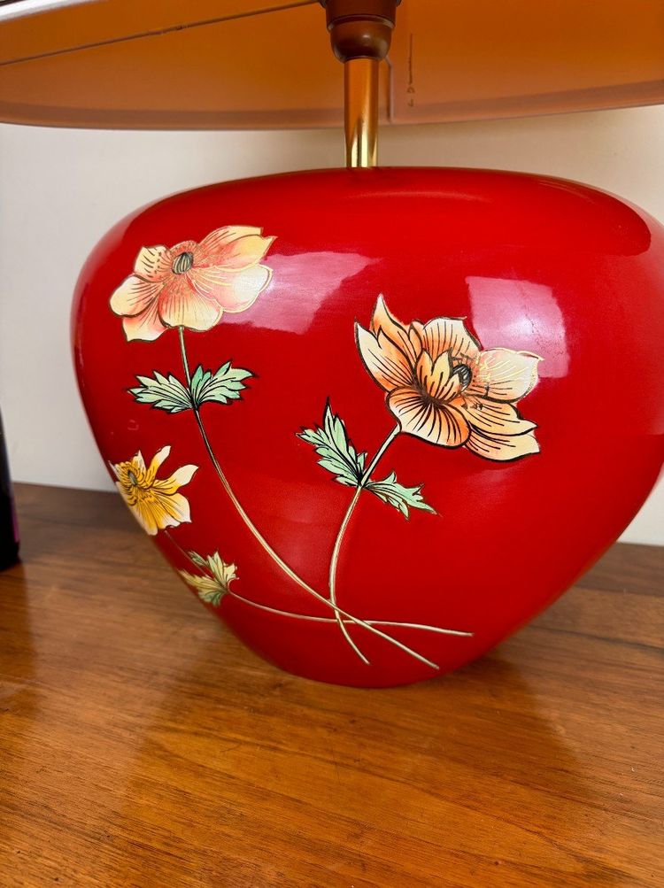 Very Large Vintage Ceramic Lamp with Flower Decor on a Red Background