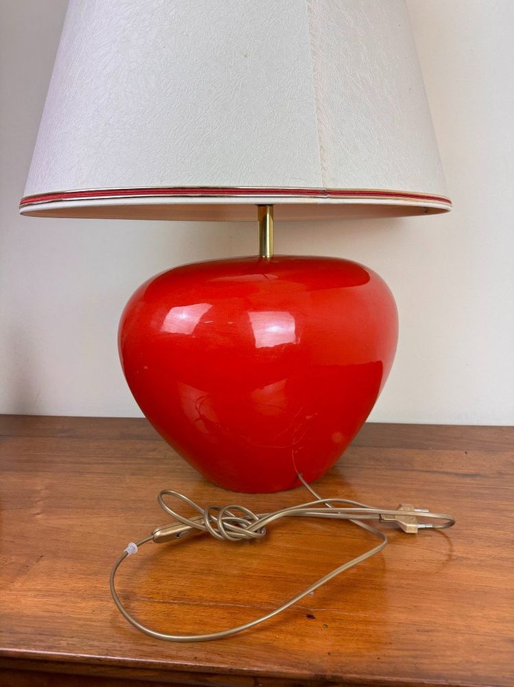 Very Large Vintage Ceramic Lamp with Flower Decor on a Red Background