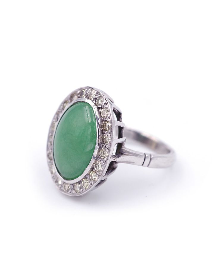 Anello di giada con diamante in oro bianco 18 carati, anello vintage, gioielli usati, taglio brillante