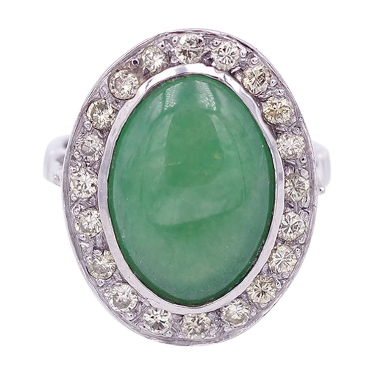 Anello di giada con diamante in oro bianco 18 carati, anello vintage, gioielli usati, taglio brillante