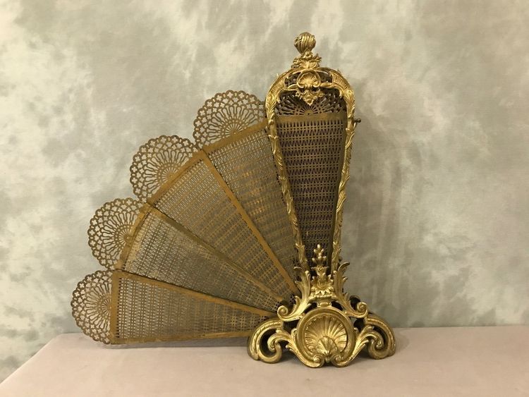 Pare feu de cheminée ancien en bronze et laiton d'époque 19 ème 