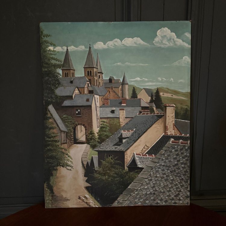 Olio su tavola raffigurante un villaggio nel 1961