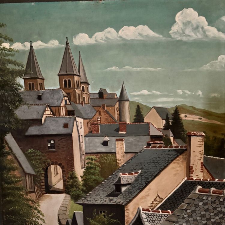 Olio su tavola raffigurante un villaggio nel 1961