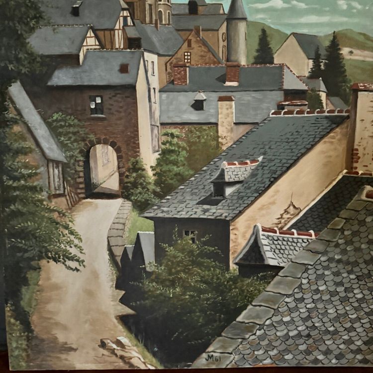 Olio su tavola raffigurante un villaggio nel 1961