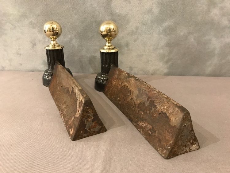 Pair of 19th century cast iron and brass andirons