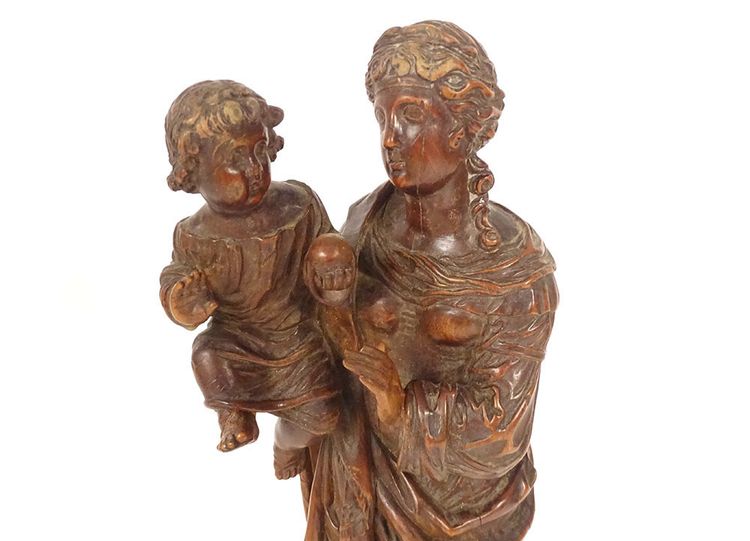Statua intagliata della Vergine e del Bambino Gesù Legno di bosso 40 cm Fine XVIII secolo