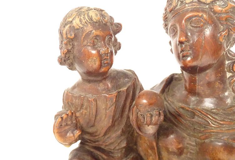 Statua intagliata della Vergine e del Bambino Gesù Legno di bosso 40 cm Fine XVIII secolo