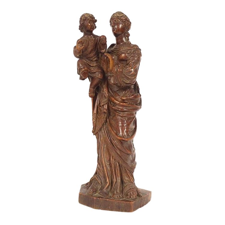 Statua intagliata della Vergine e del Bambino Gesù Legno di bosso 40 cm Fine XVIII secolo
