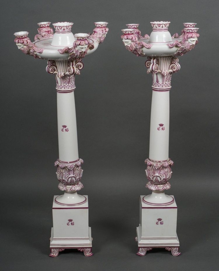 Pair of Jacob Petit Rihouet 5-light candelabra with caryatid decor