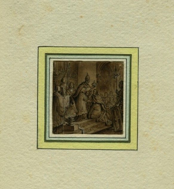 Le Couronnement de Charlemagne - Dessin original ancien à la plume, encre et lavis