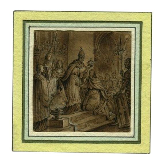 Le Couronnement de Charlemagne - Dessin original ancien à la plume, encre et lavis