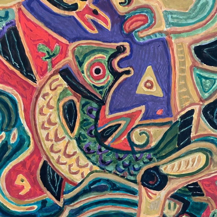 Gouache composition moderne par M. Debiève animaux XXe