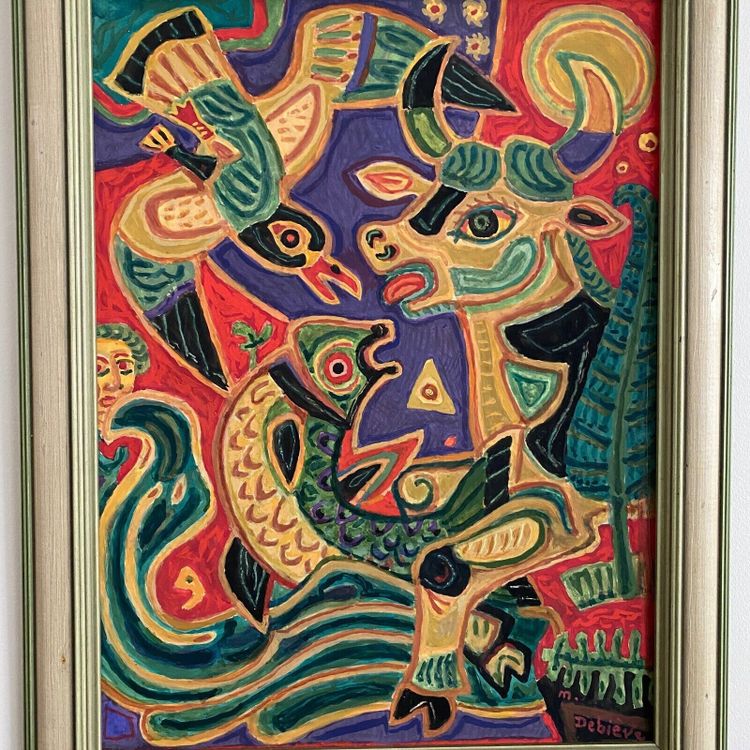 Gouache composition moderne par M. Debiève animaux XXe