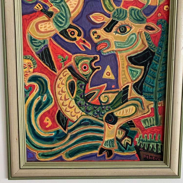 Gouache composition moderne par M. Debiève animaux XXe