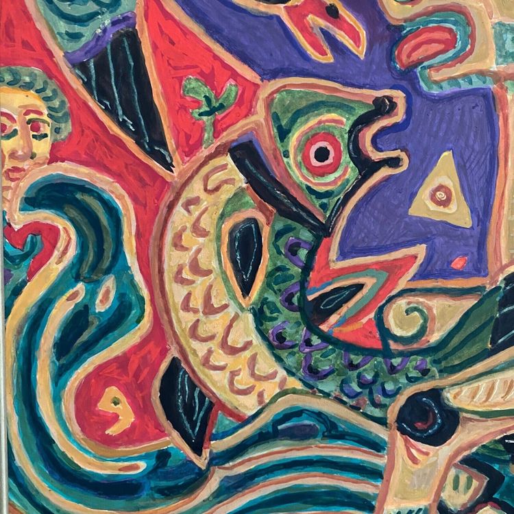 Gouache composition moderne par M. Debiève animaux XXe