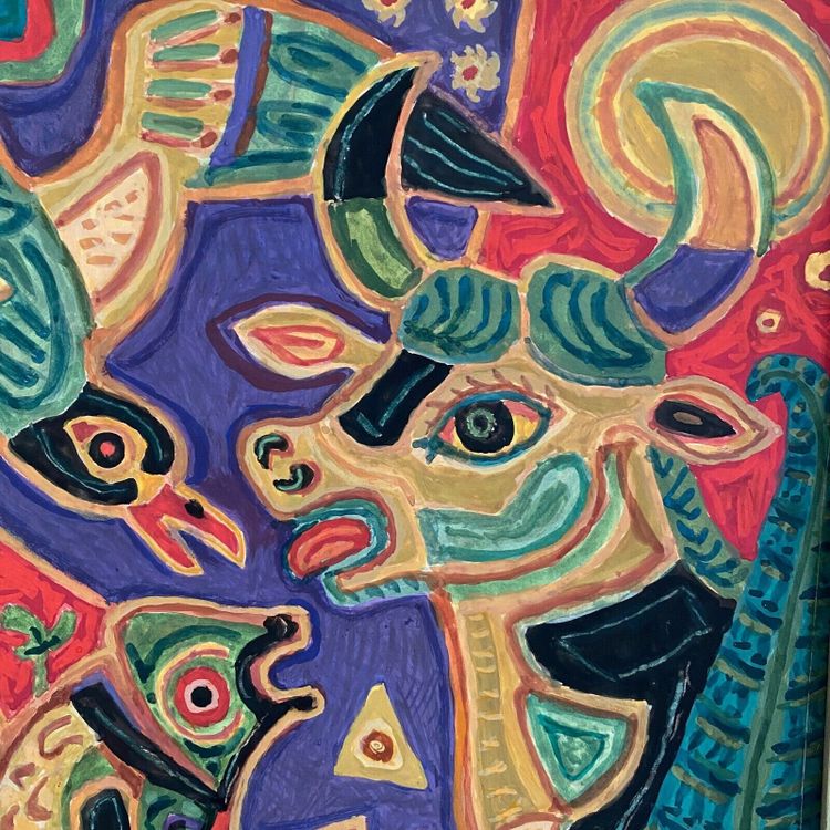 Gouache composition moderne par M. Debiève animaux XXe