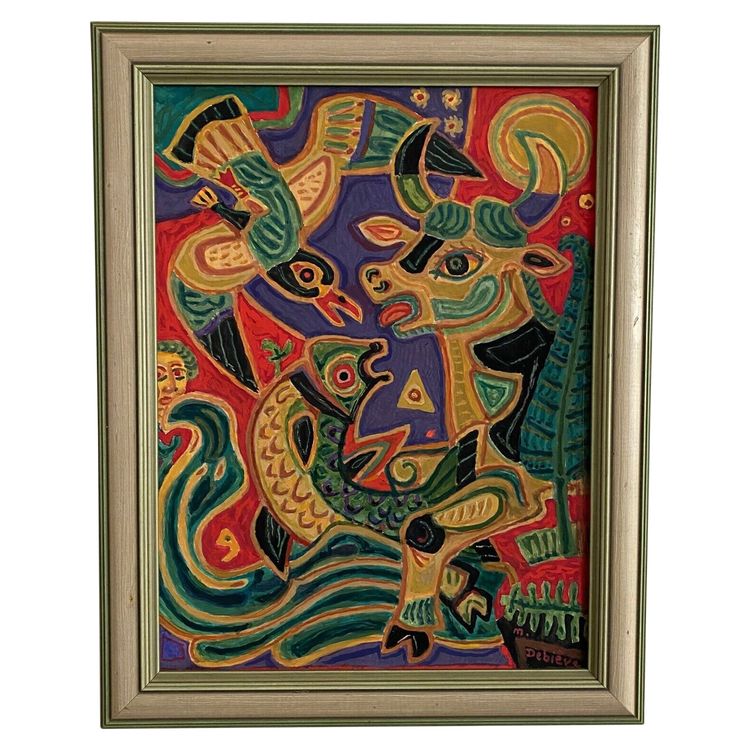 Gouache composition moderne par M. Debiève animaux XXe