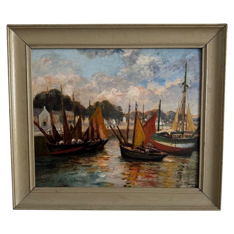 Öl auf Karton von Henri Malfroy Savigny Fischereihafen
