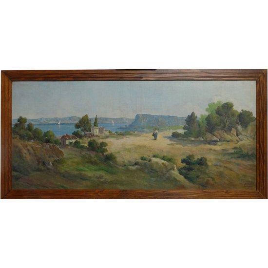 20th century French school. The count. Provencal landscape. Oil on panel signed.