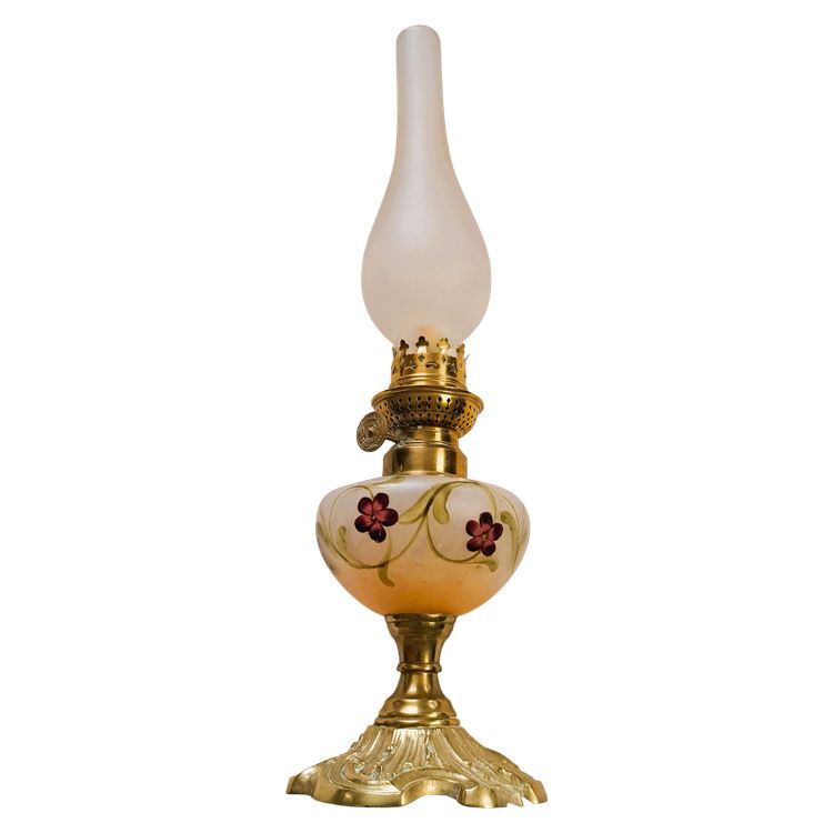 1900 Art Nouveau enamelled glass kerosene lamp with floral decoration and bronze base
