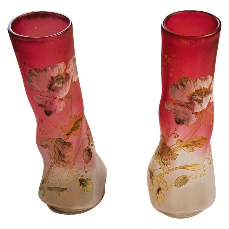 Paar Vasen François Théodore Legras aus emailliertem Twistglas auf rosafarbenem Grund Blumendekor Anfang XX