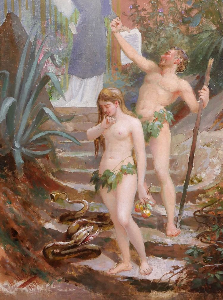 B. MOLOCH 1849-1909 Adamo ed Eva cacciati dal Paradiso, dipinto, 1892, cartone animato, Alphonse Colomb