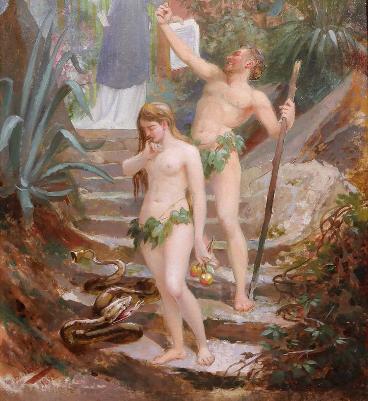 B. MOLOCH 1849-1909 Adamo ed Eva cacciati dal Paradiso, dipinto, 1892, cartone animato, Alphonse Colomb