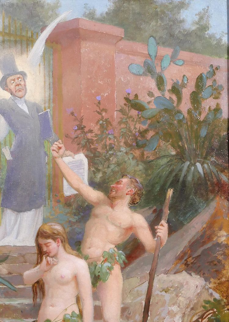 B. MOLOCH 1849-1909 Adamo ed Eva cacciati dal Paradiso, dipinto, 1892, cartone animato, Alphonse Colomb