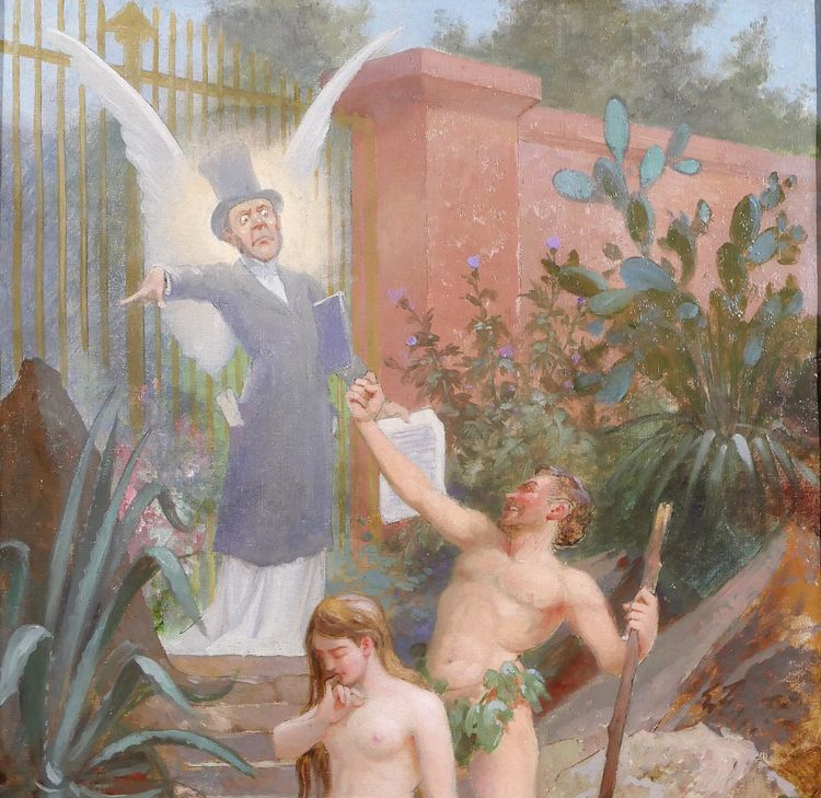 B. MOLOCH 1849-1909 Adamo ed Eva cacciati dal Paradiso, dipinto, 1892, cartone animato, Alphonse Colomb