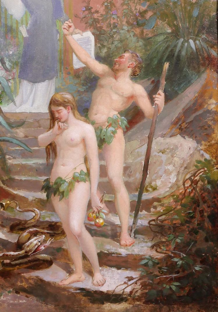B. MOLOCH 1849-1909 Adamo ed Eva cacciati dal Paradiso, dipinto, 1892, cartone animato, Alphonse Colomb