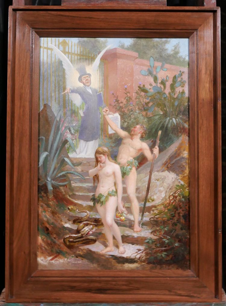 B. MOLOCH 1849-1909 Adamo ed Eva cacciati dal Paradiso, dipinto, 1892, cartone animato, Alphonse Colomb