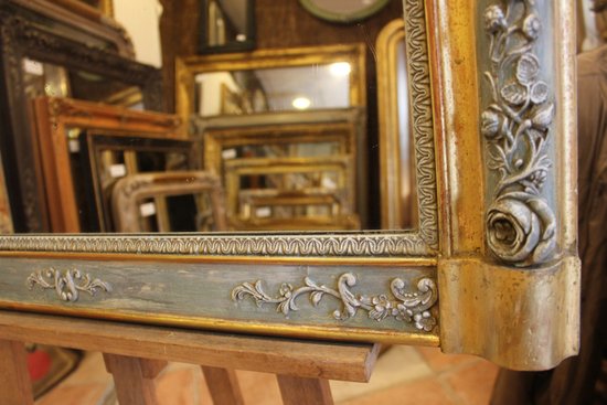 Miroir ancien de cheminée feuille d'or et patine 85 x 99 cm