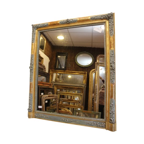 Miroir ancien de cheminée feuille d'or et patine 85 x 99 cm