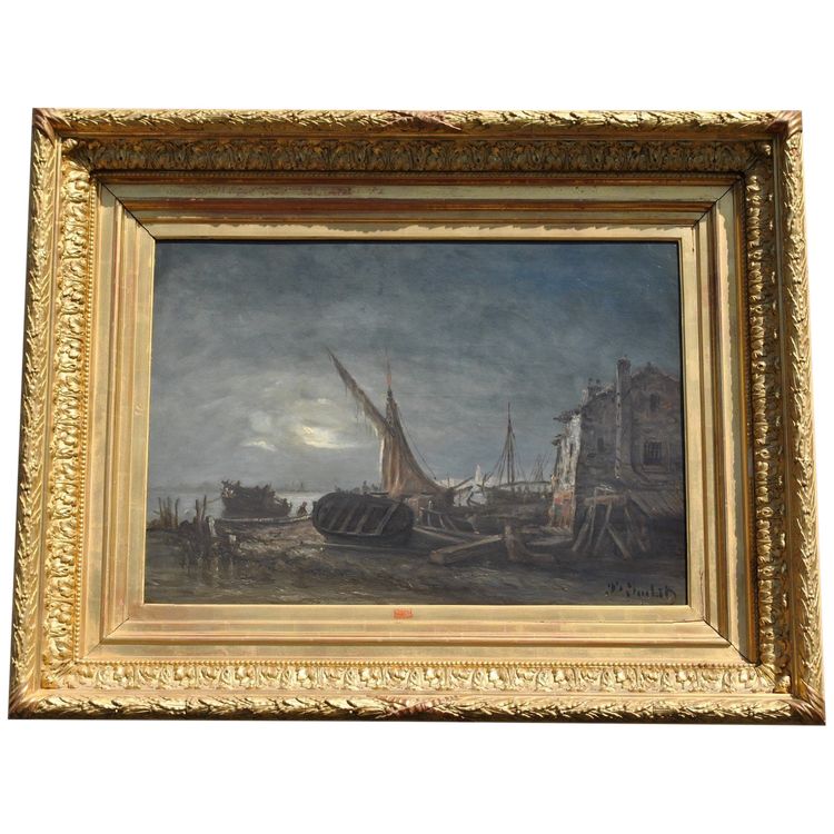 J Suchet, Paysage De Bord De Mer De Nuit, Marseille, Öl auf Leinwand XIX.